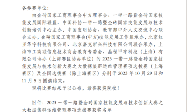 我校学生在“2023一带一路暨金砖国家技能发展与技术创新大赛之大数据集群运维管理赛项”选拔赛中斩获佳绩